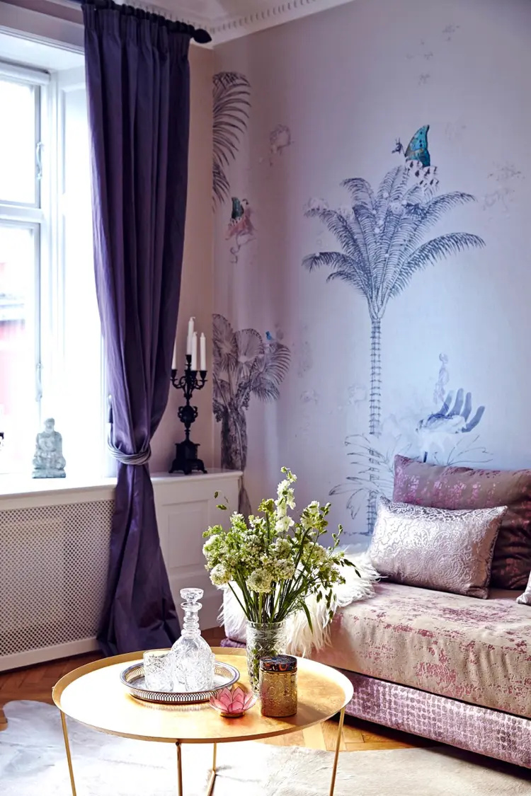 The mural-lined living room at Lorelei's Concert Hall, Copenhagen
